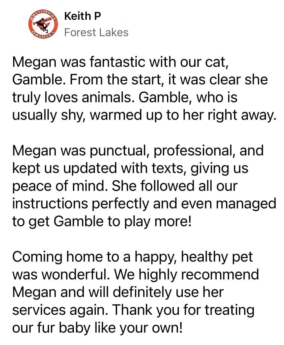 Small pet sitting testimonial