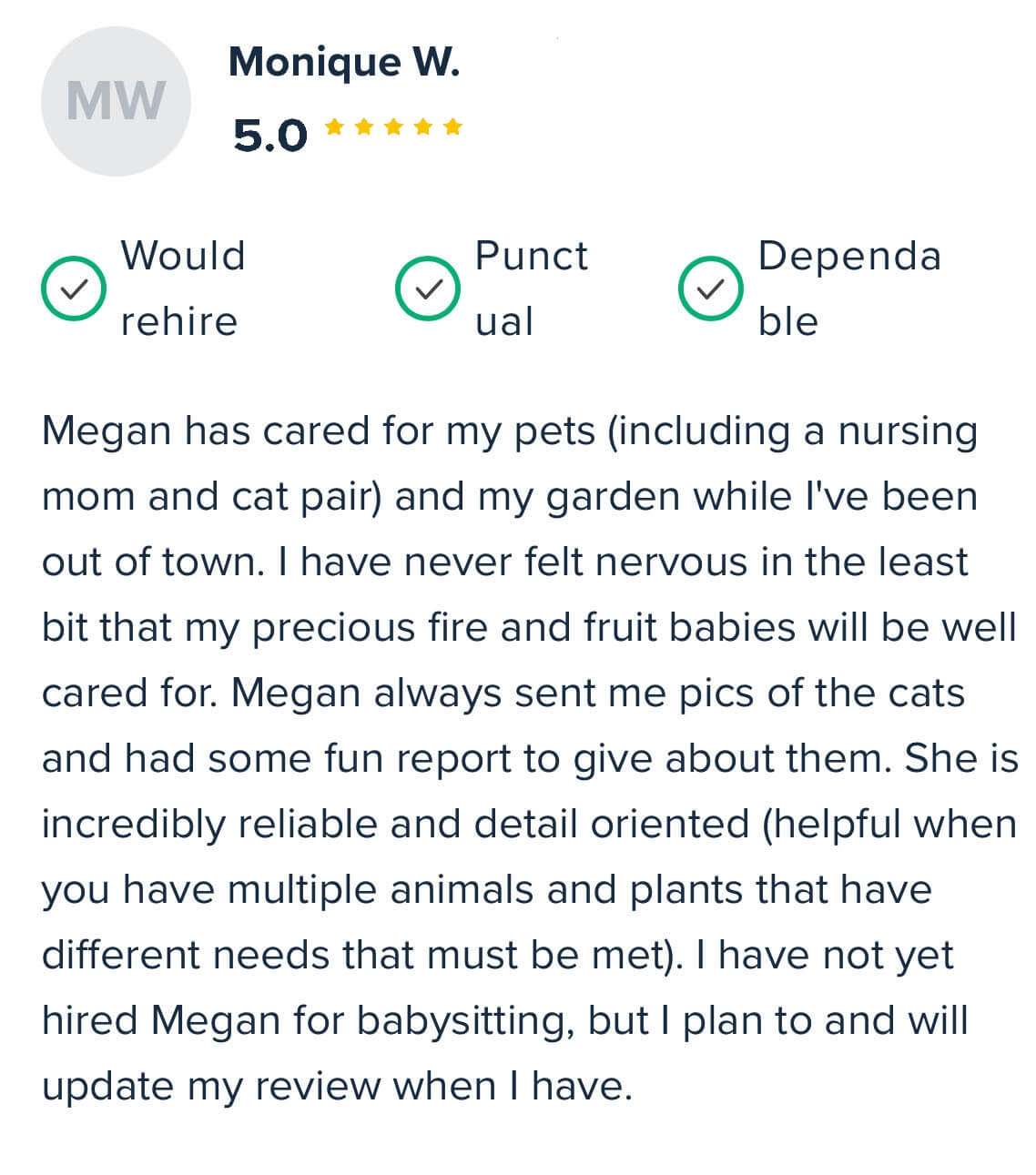 Pet owner review for Megan’s Pet Sitting