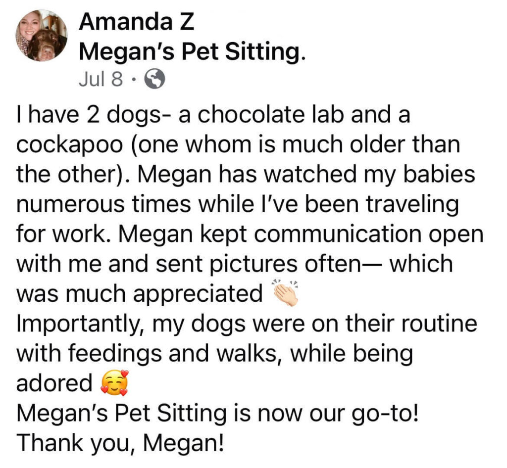 Review by Amanda Z.: I have 2 dogs – a chocolate lab and a cockapoo (one of whom is much older than the other). Megan has watched my babies numerous times while I’ve been traveling for work. Megan kept communication open with me and sent pictures often — which was much appreciated 👏🏻. Importantly, my dogs were on their routine with feedings and walks, while being adored 🥰. Megan’s Pet Sitting is now our go-to! Thank you, Megan!