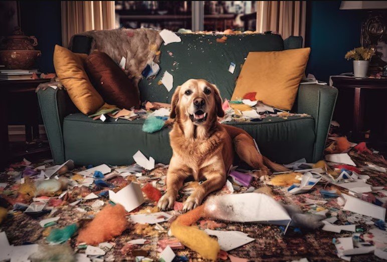 Golden retriever surrounded by torn pillows and a mess in the living room.