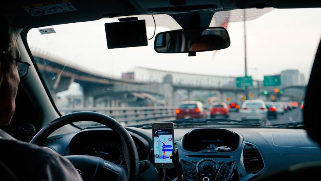 View from inside a car with traffic ahead, symbolizing pet transportation.